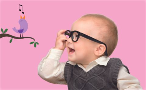 Baby with glasses on and bird singing
