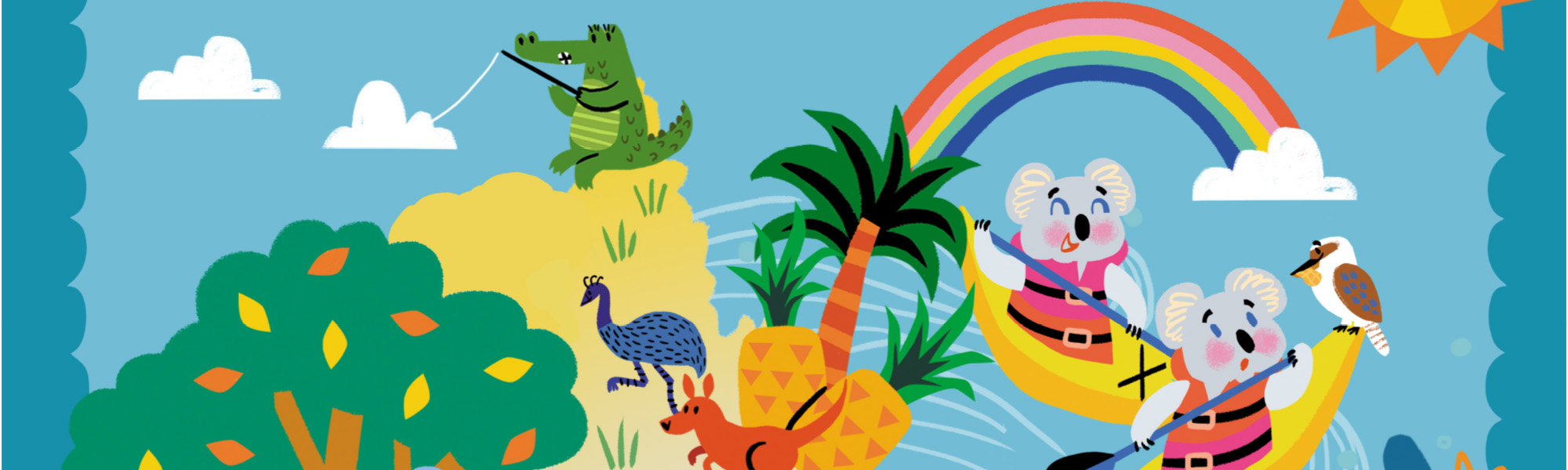 koala, kangaroo and emu cartoon with rainbow 