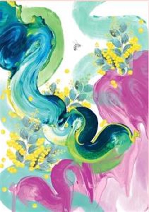 paint swirls in pink, green and blue with yellow wattle