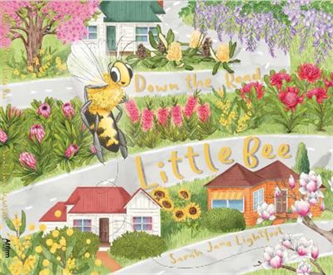 illustration of a little bee flying around a colourful garden