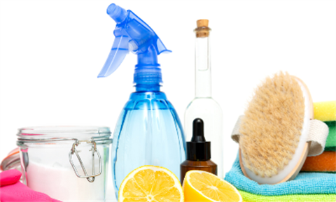 cleaning equipment including spray bottle, jar, cloths