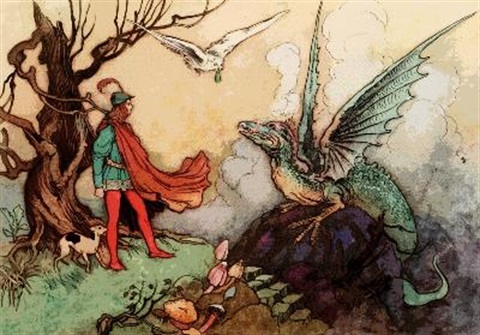 fantasy scene with man and dragon